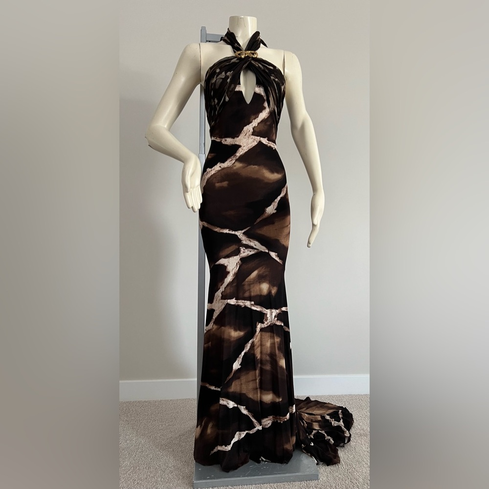 Roberto Cavalli Silk Animal Print Halter Gown with Snake Brooch – Size XS - Picture 3 of 17